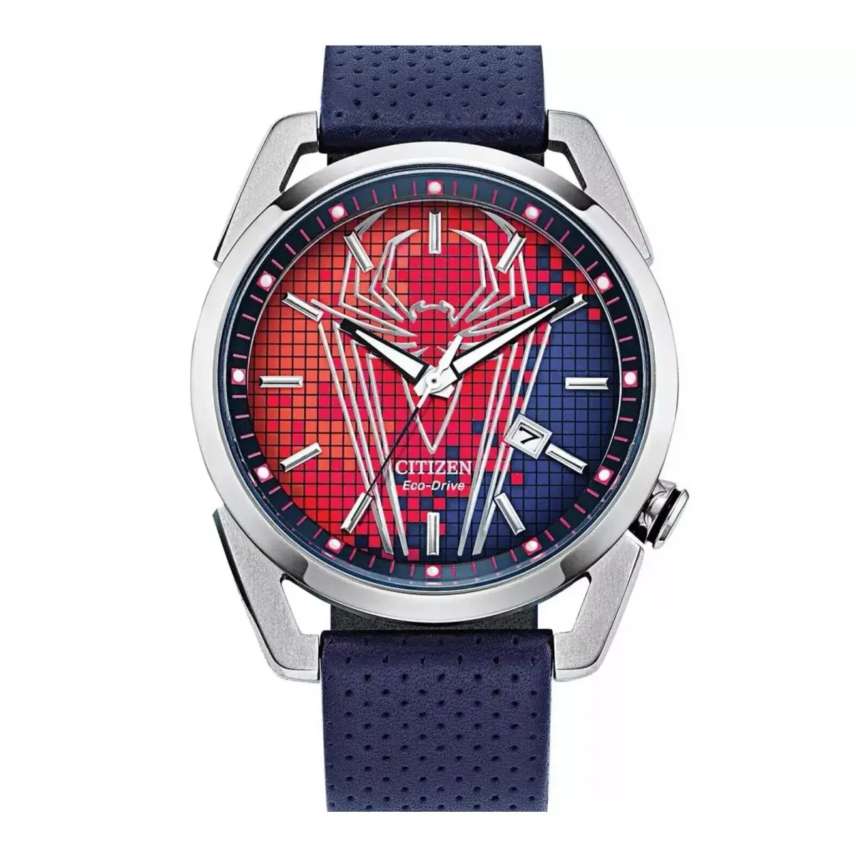 Citizen Men`s Spider-man 1680-03W Ecodrive 42mm Red Blue Dial Leather Watch