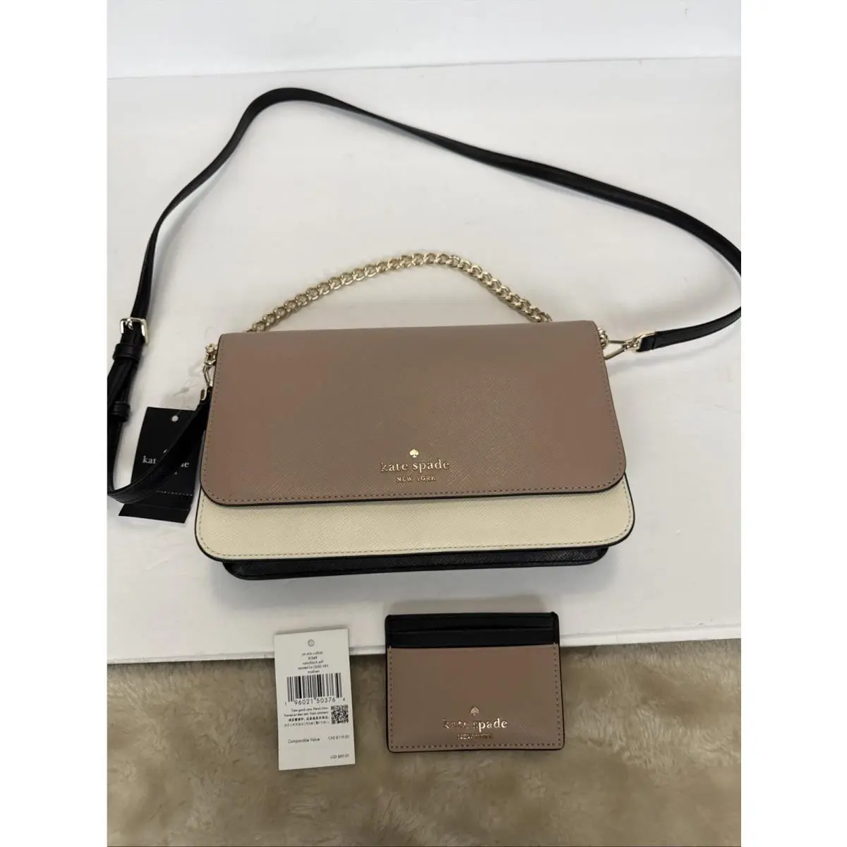 Kate Spade Madison Flap Crossbody Bag Beige Leather Chain KC623 Plus Crdhldr