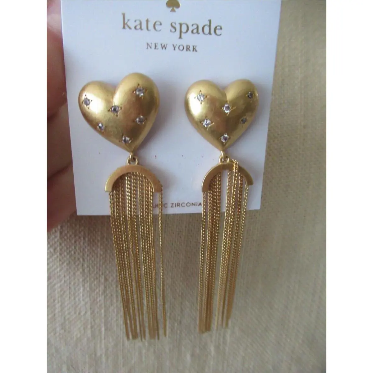Kate Spade My Precious Gold Tone Heart Drop Earrings/ Fringe/ Pave Stones