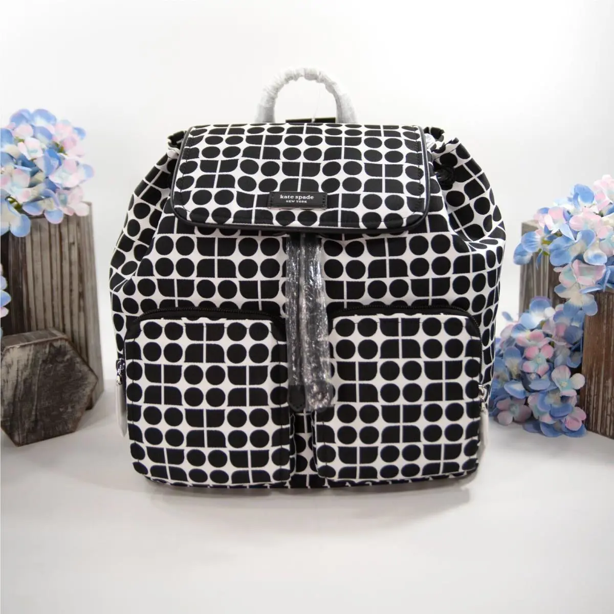 Kate Spade Noel Black White Nylon Jacquard Drawstring Large Backpack Bag