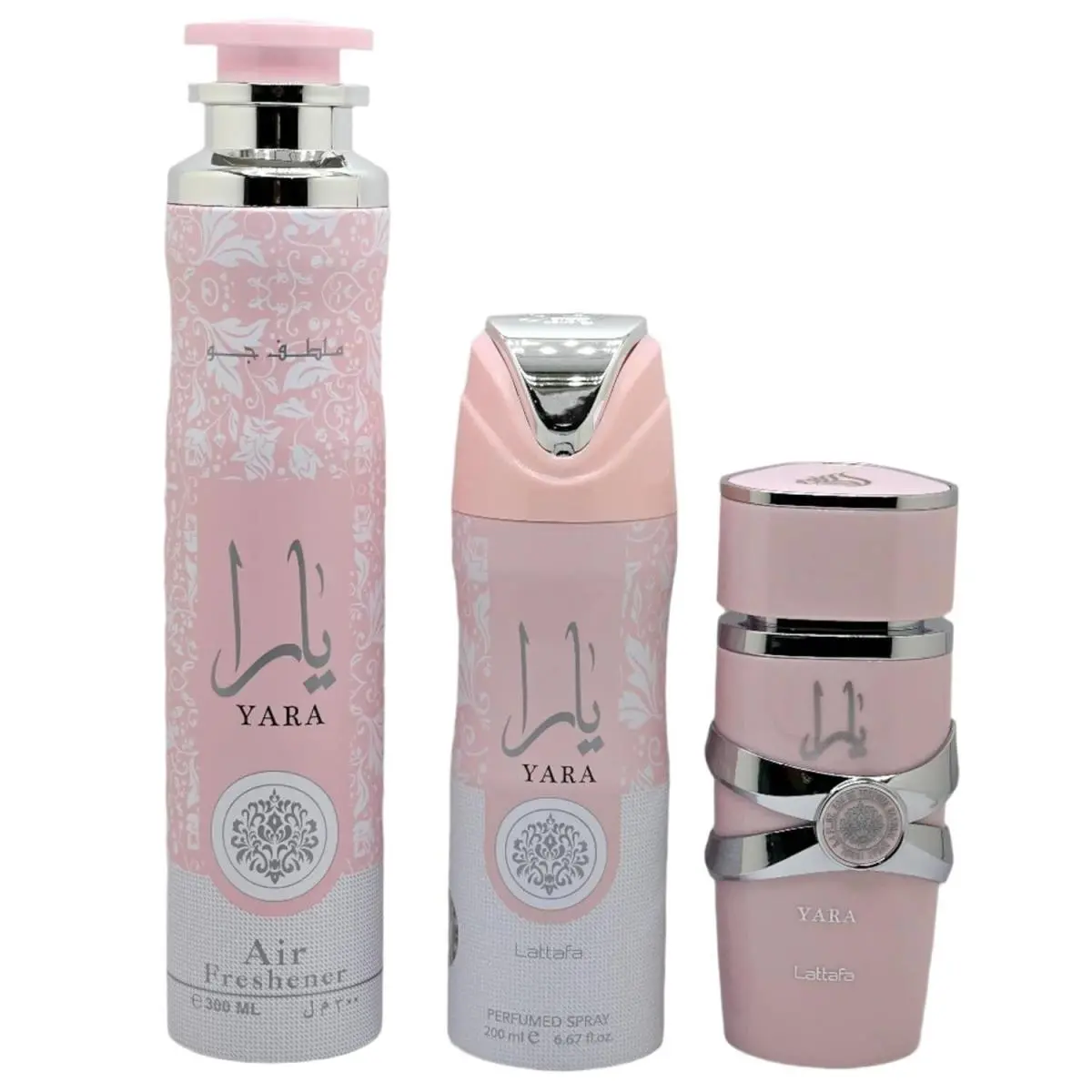 Lattafa Yara 3 Pcs Set 3.4 Fl Oz Edp + 6.67 Fl Oz Deo + 10.14 Air Freshener