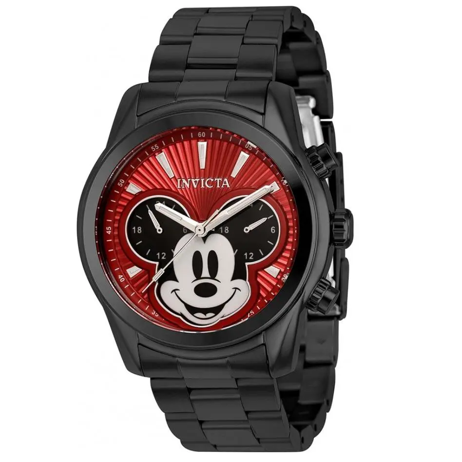 Invicta Disney Men`s 44mm Mickey Red Dial Dual-time Limited Edition Watch 37820 - Dial: Black, Red, White, Band: Black, Bezel: Black