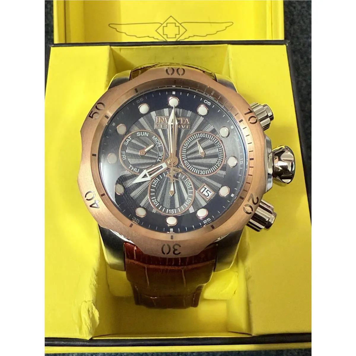 Invicta Reserve Venom Black Dial Brown Leather Band Mens Watch