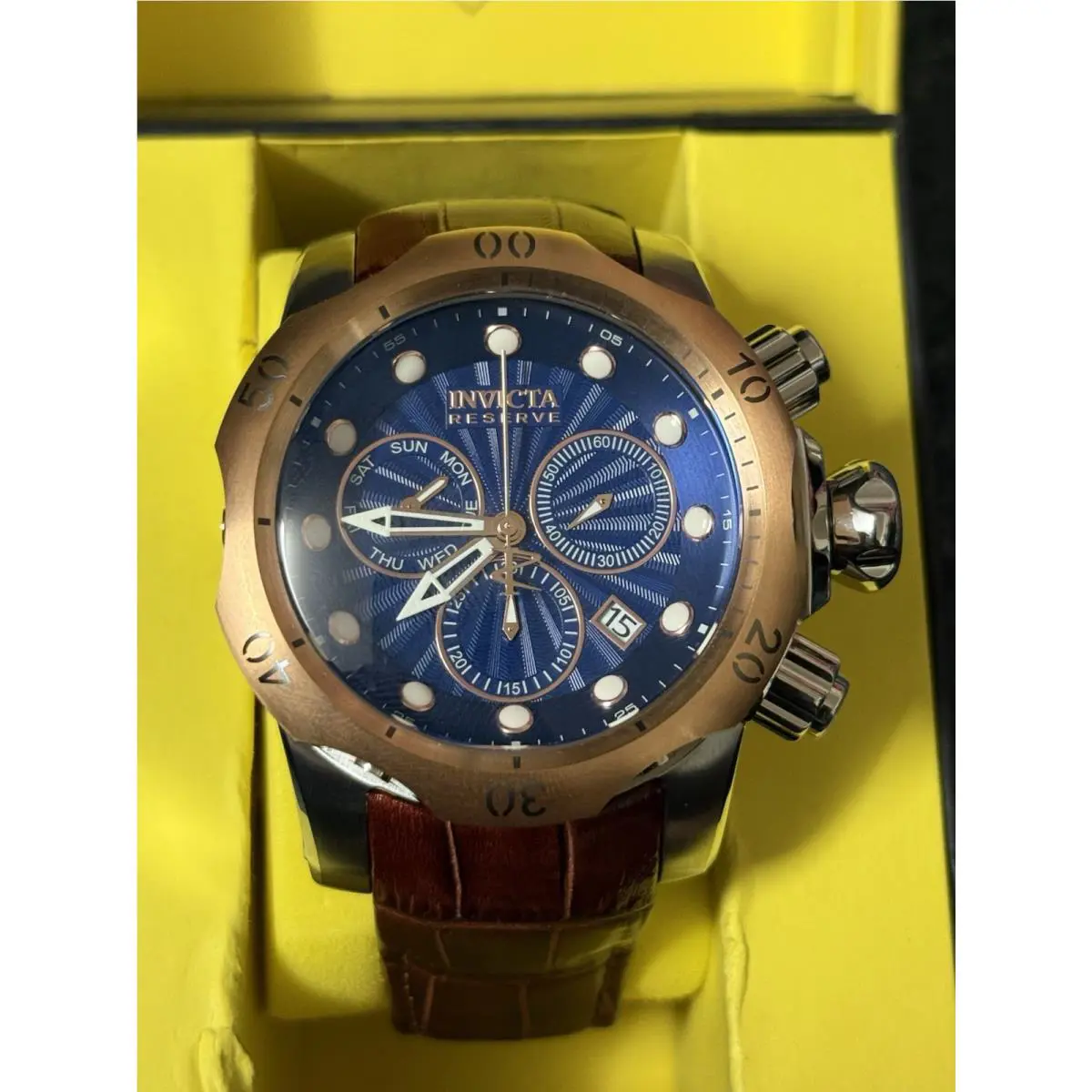 Invicta Reserve Venom Blue Dial Brown Leather Band Mens Watch