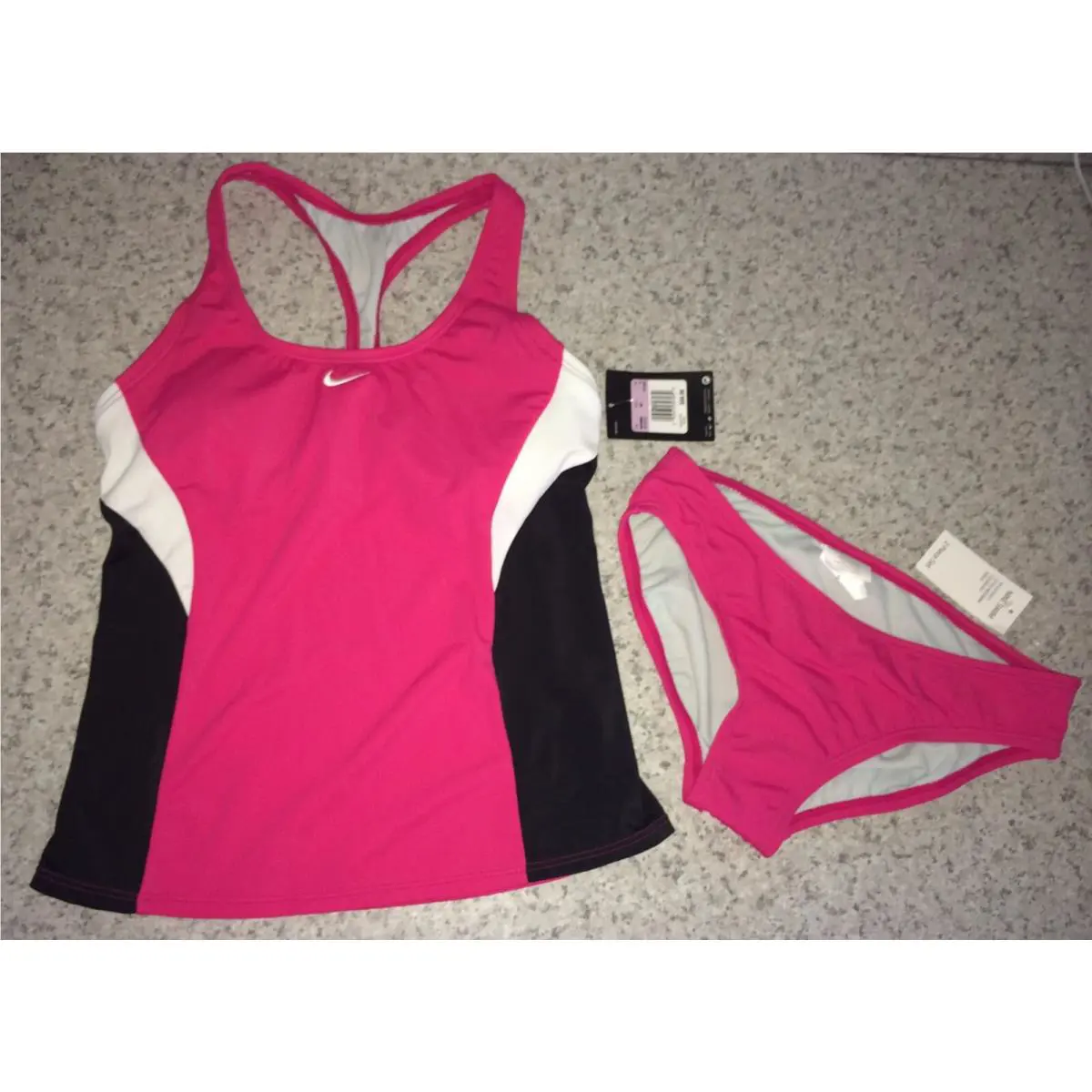 Nike Hot Pink Black White Racerback Tankini 2 pc Swim Suit Set Womens Sz 6