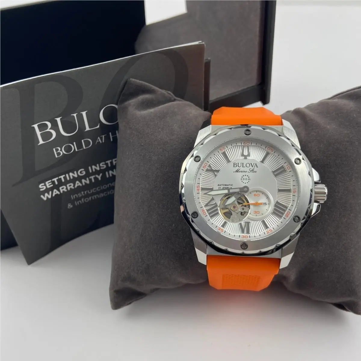 Marine Star 98A226 Automatic Watch White Dial Orange Rubber Strap 45mm by Bulova