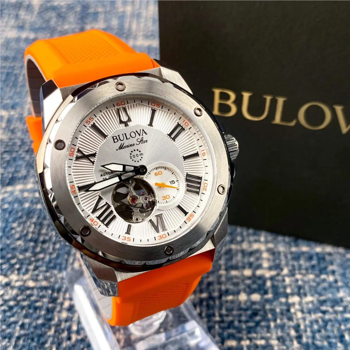 Bulova Marine Star Automatic White Dial Orange Rubber Strap Men`s Watch 98A226