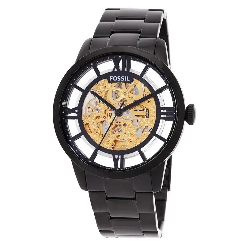 Fossil Mens Townsman Watch Stainless Steel Works ME3197 Auto See-through Back - Dial: Black, Gold, Clear, Band: Black, Bezel: Black