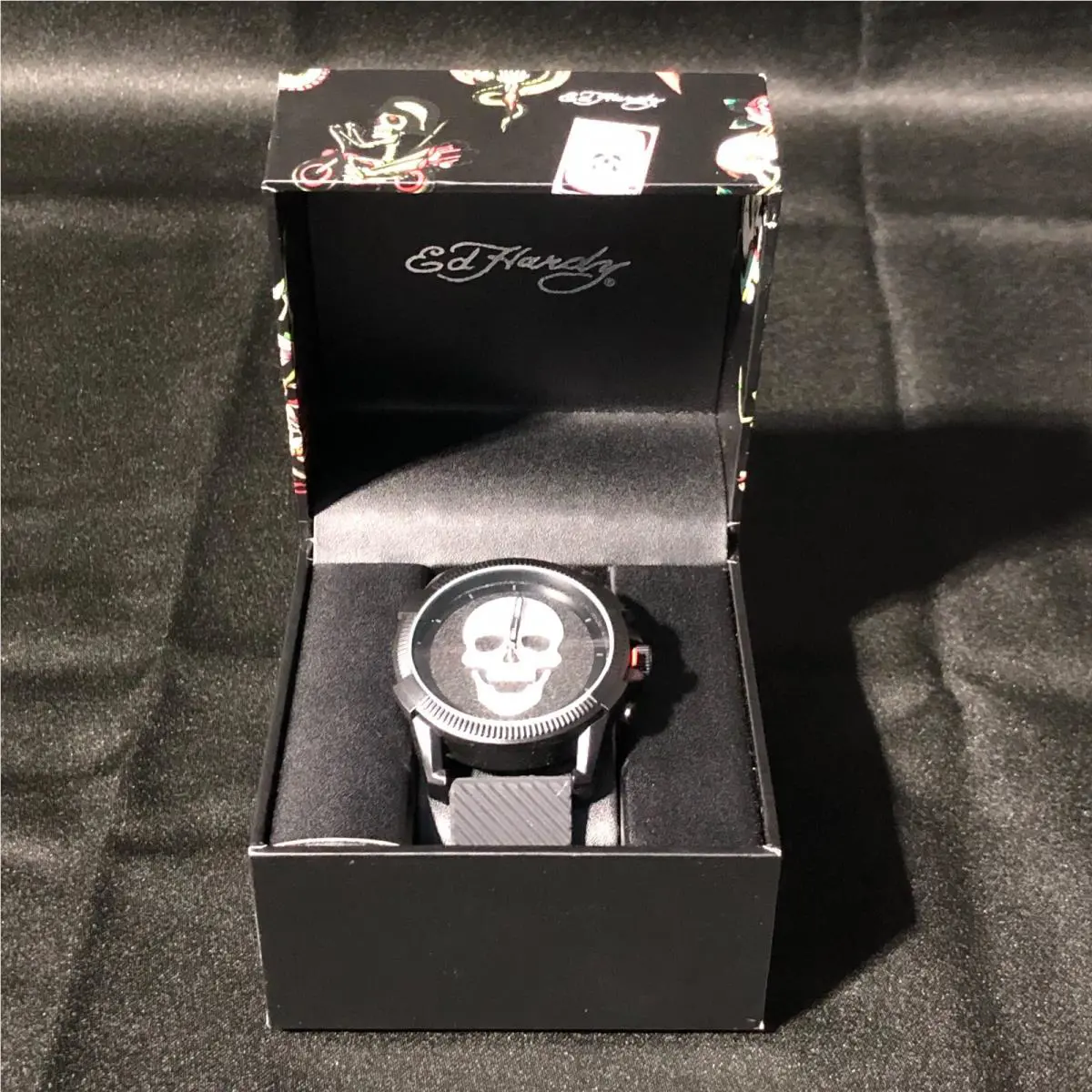ED Hardy Goth Matte Black Silver Skull Mens Silicone Strap Watch by Ed Hardy