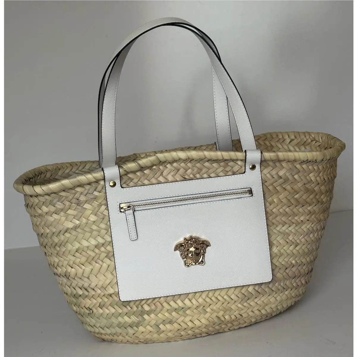 Top Handle Small Tote Straw/leather Natural/white Bag 1019454 by Versace