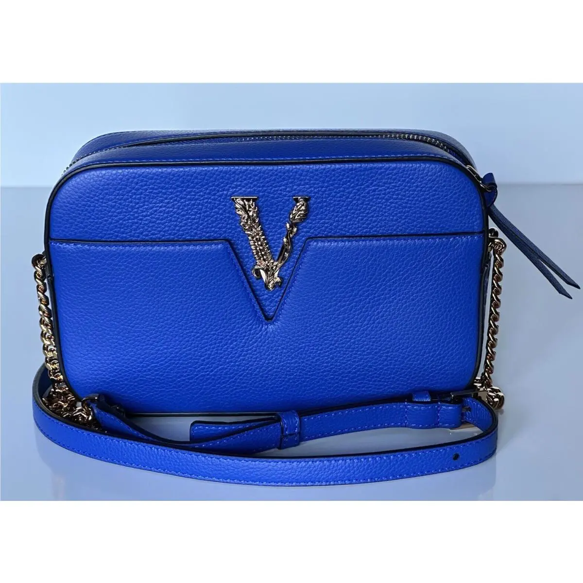 Versace Virtus Grainy Calf Leather Blue Small Shoulder Bag 1005969 IT