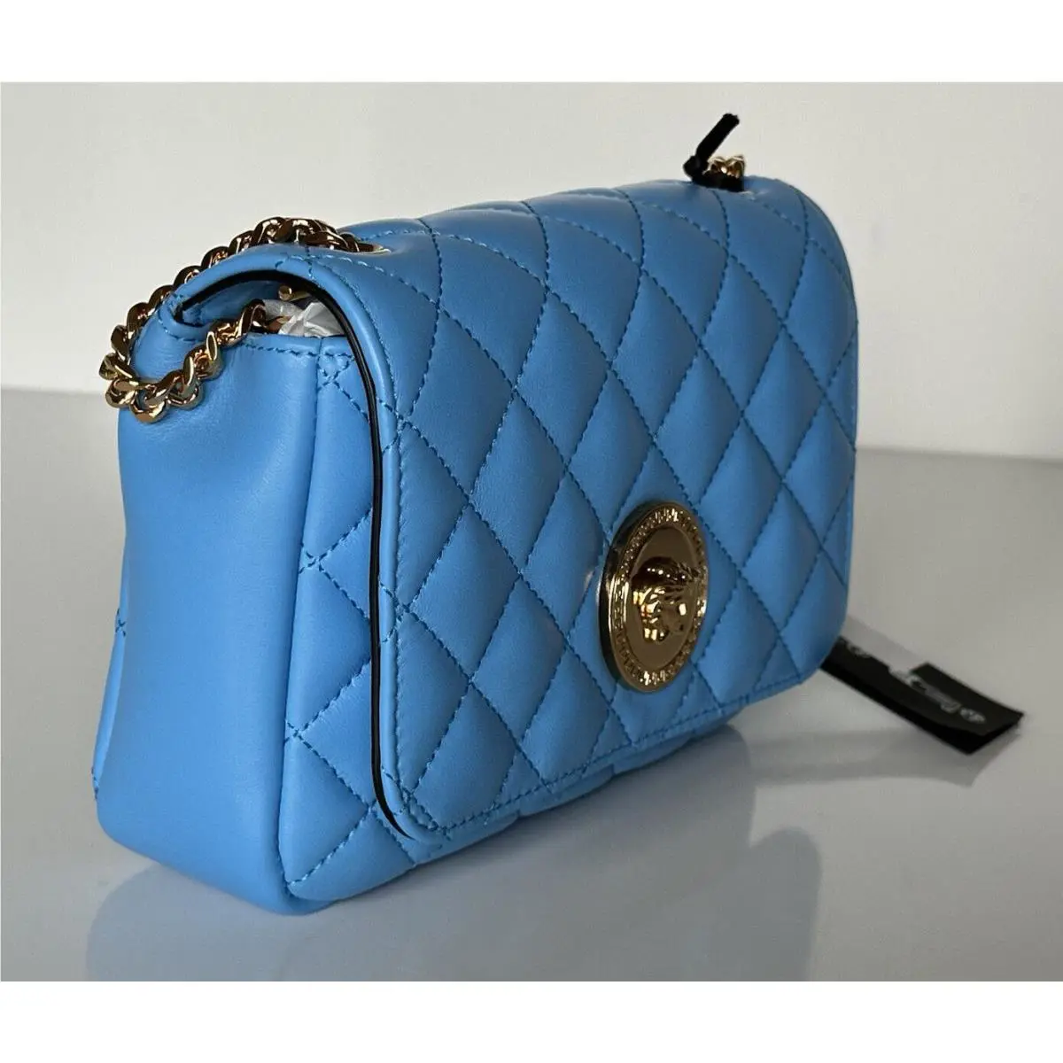 Versace Quilted Lamb Leather Blue Small Shoulder Bag DBFI163S Italy