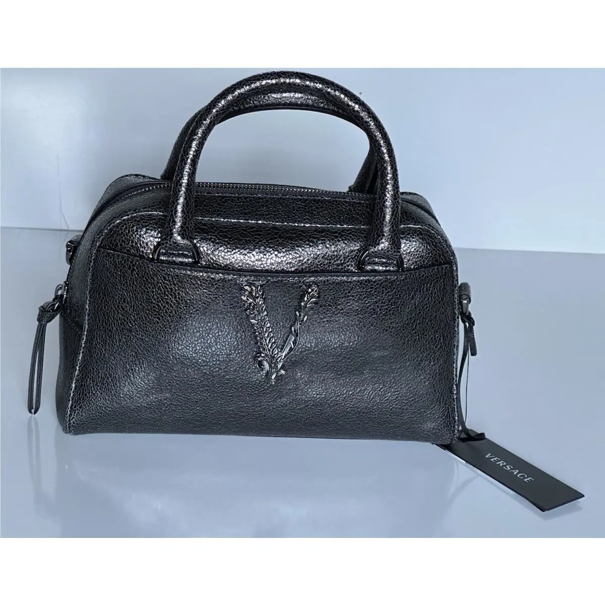 Versace Bowling Calf Leather Metallic Gray Small Shoulder Bag 1011783