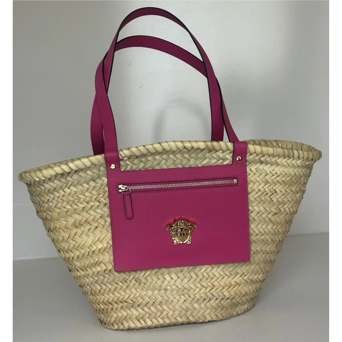 Top Handle Small Tote Straw/leather Natural/fuchsia Bag 1019454 by Versace