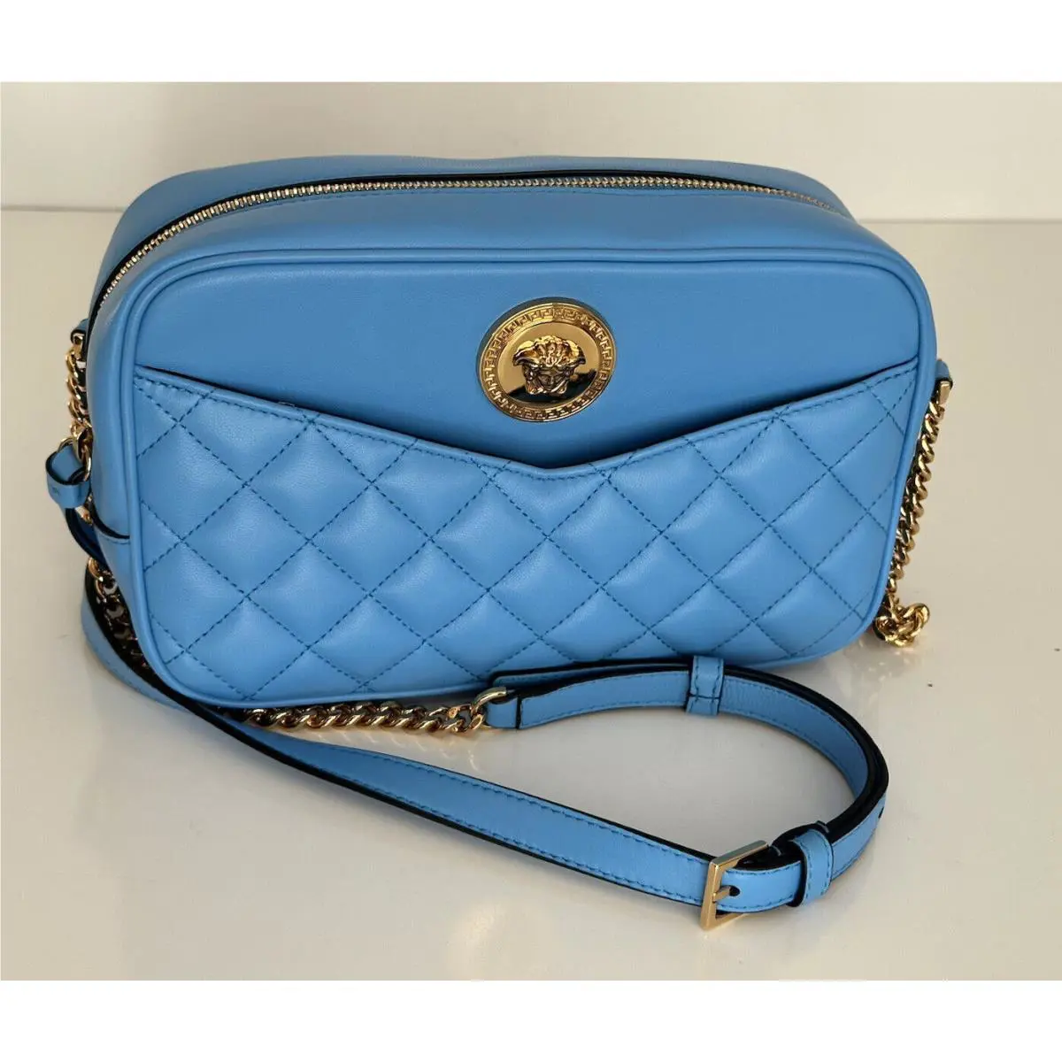 Versace Quilted Lamb Leather Blue Medium Shoulder Bag 1008828 Italy