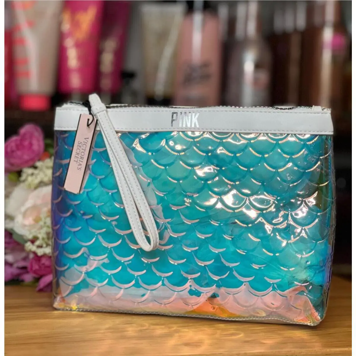 Victoria`s Secret Pink Mermaid Vibes Beauty Beach Bag Palm Travel Zip Case by Victoria's Secret