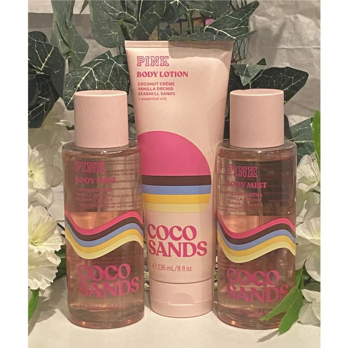 Victoria`s Secret Pink Coco Sands Body Mist Spray Lotion 3 Pc Set