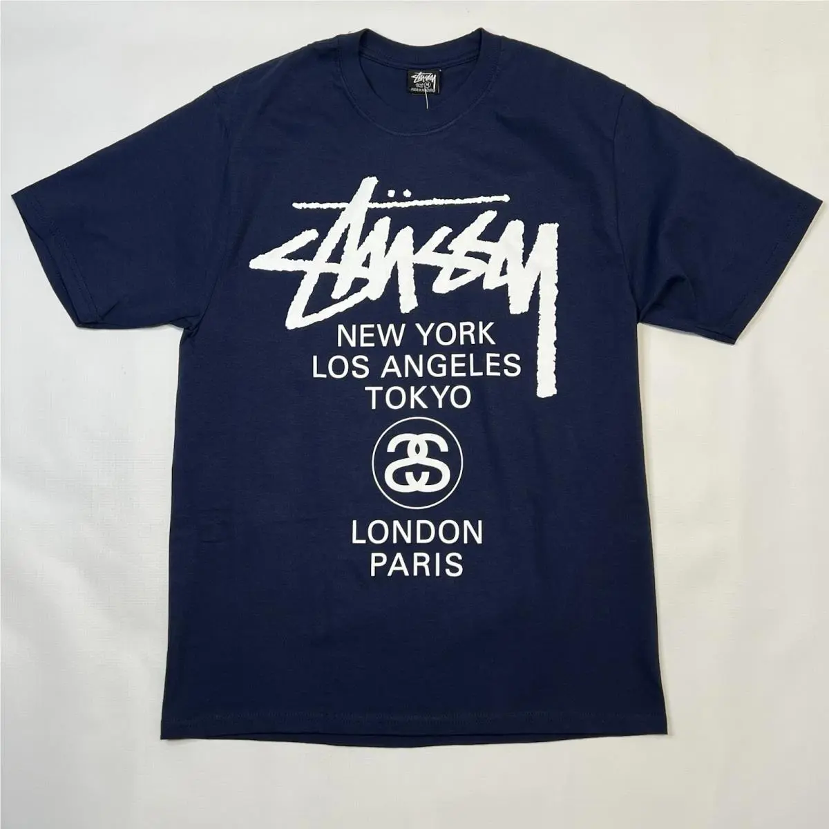 World Tour Tee Shirt Blue Mens Size Medium Double Sided Logo 2025 by Stussy