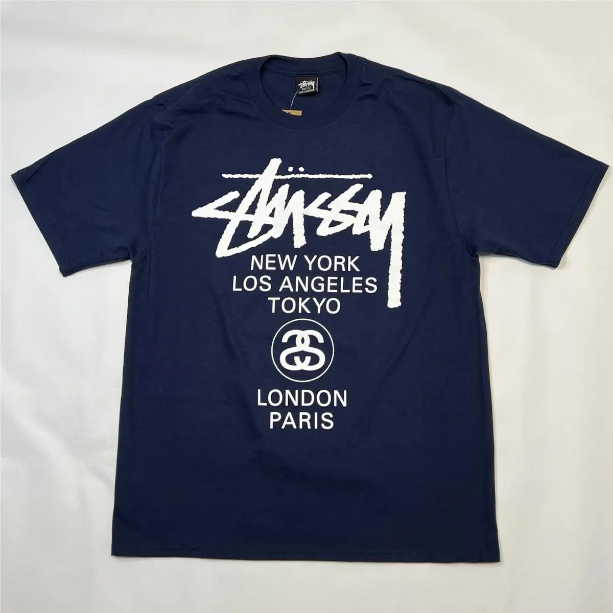 Stussy World Tour Tee Blue Mens Size Large Double Sided Logo 2025