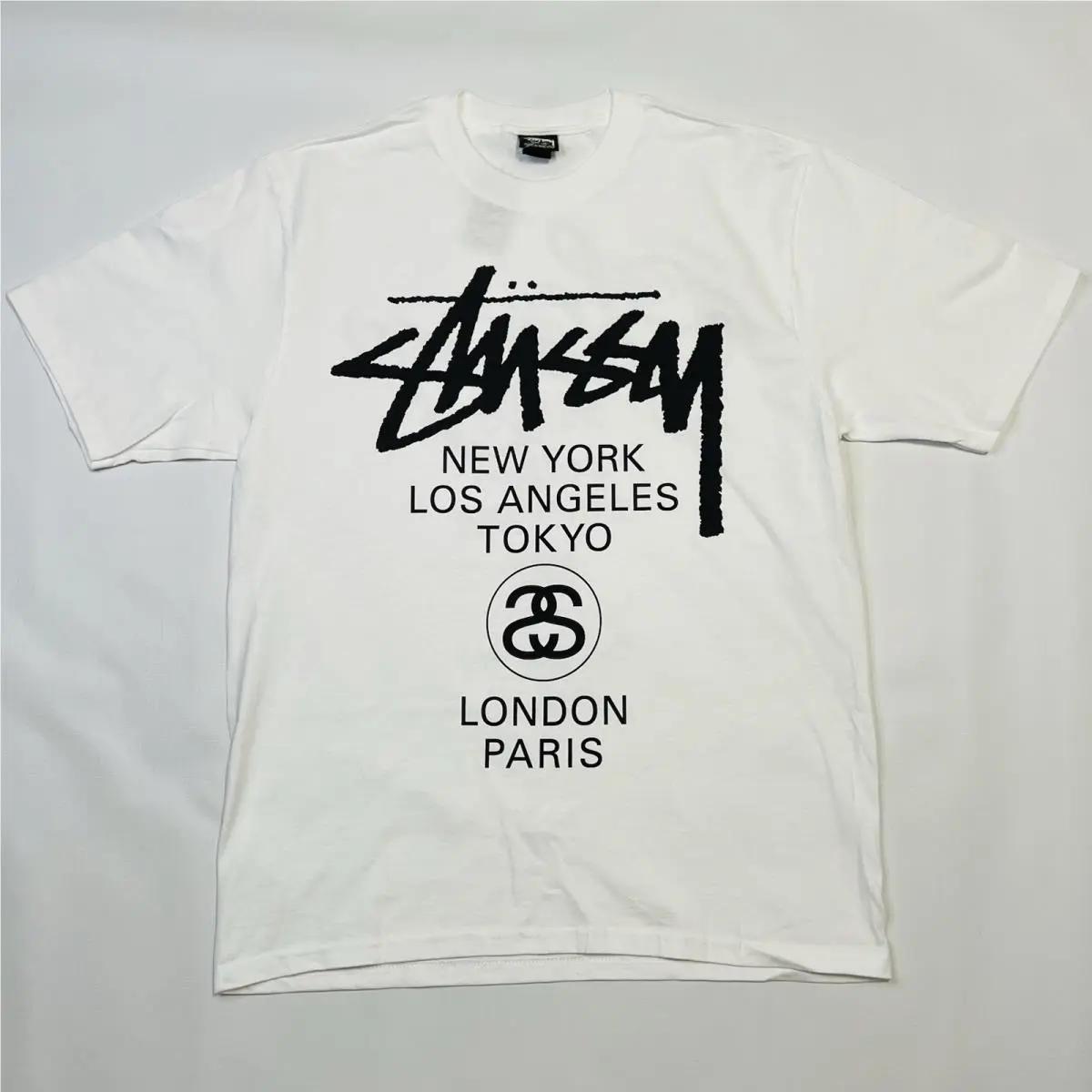 World Tour Tee Shirt White Mens Size Medium Double Sided Logo 2025 by Stussy