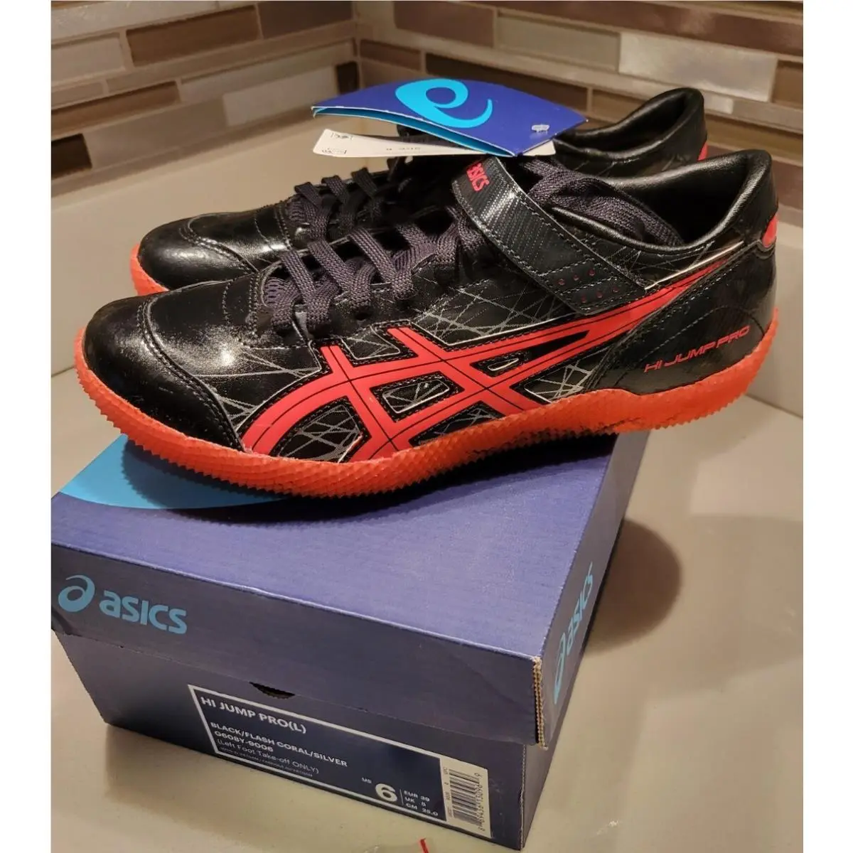 Asics Men`s High Jump Pro L Track Shoe Black Flash Coral Silver Size 6