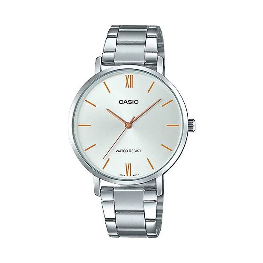 Casio LTP-VT01D-7B Women`s Minimalistic Stainless Steel Silver Dial Brown Watch
