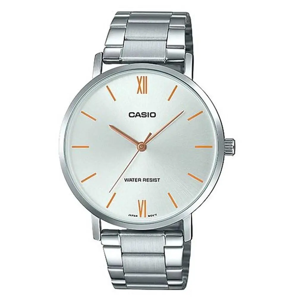 Casio Ladies` Fashion Analog Stainless Steel Band Watch LTPVT01D-7B LTP-VT01D-7B - Dial: Silver, Rose Gold, Band: Silver, Bezel: Silver