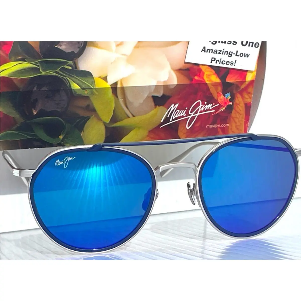 Maui Jim Bowline Matte Silver Navy Round Polarized Blue Hawaii Sunglass B557-17M