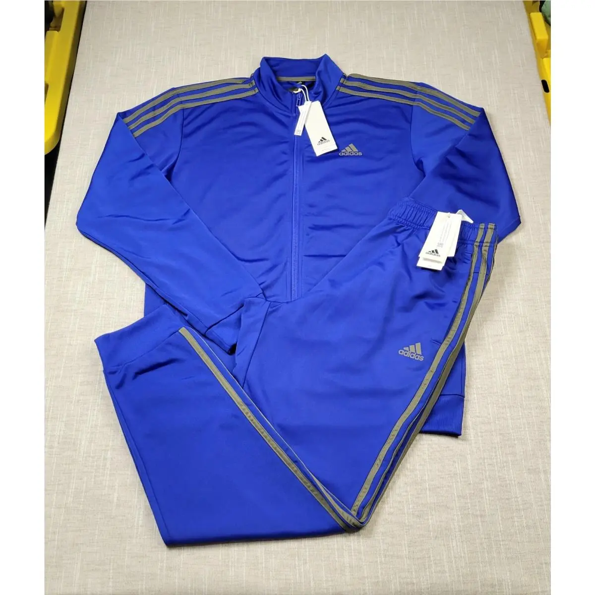 Adidas Tracksuit Jacket Pants Set Large Men Blue Gray Tricot Full Zip Tapered