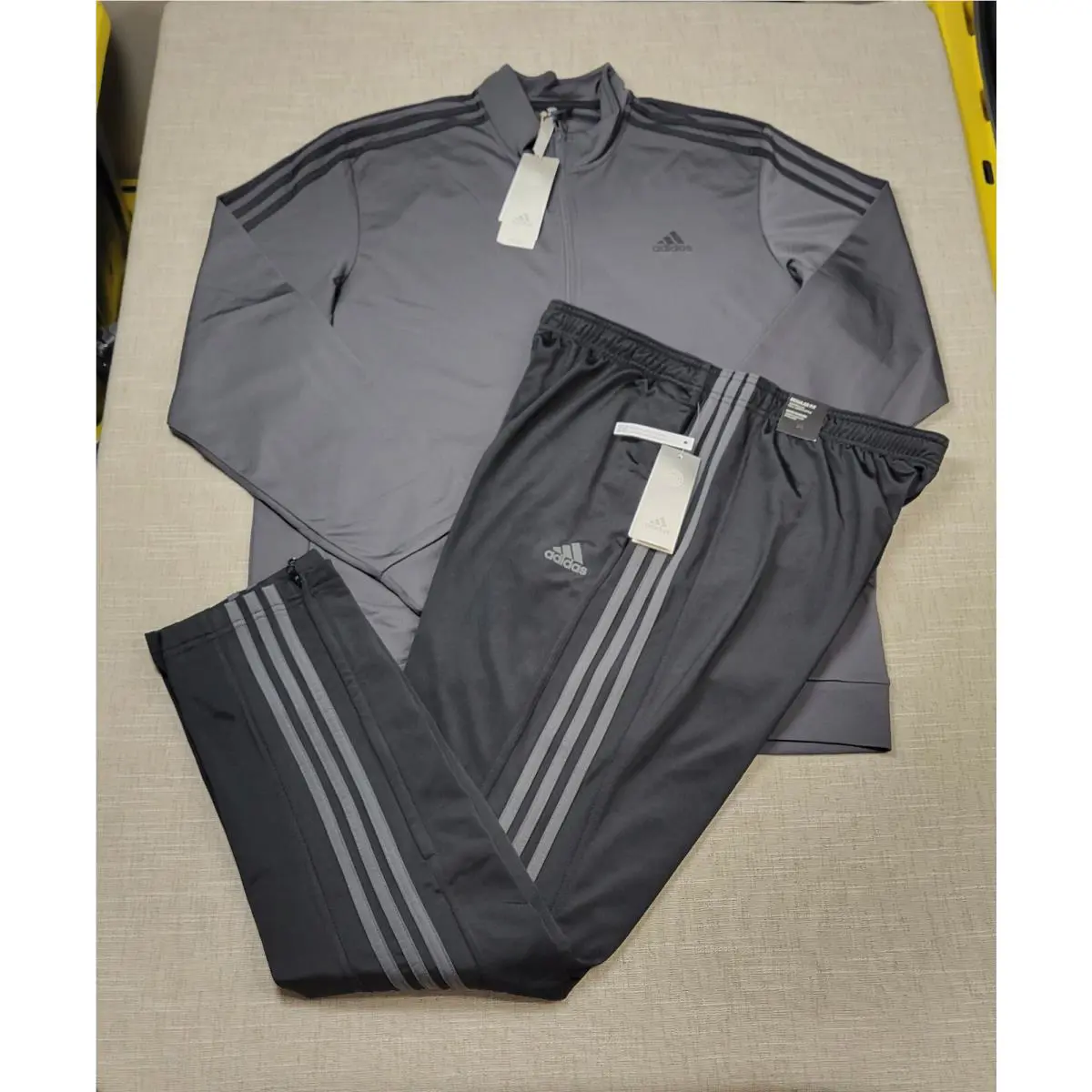 Adidas Tracksuit Jacket Pants Set XL Mens Gray Black 3 Stripes Tricot Full Zip