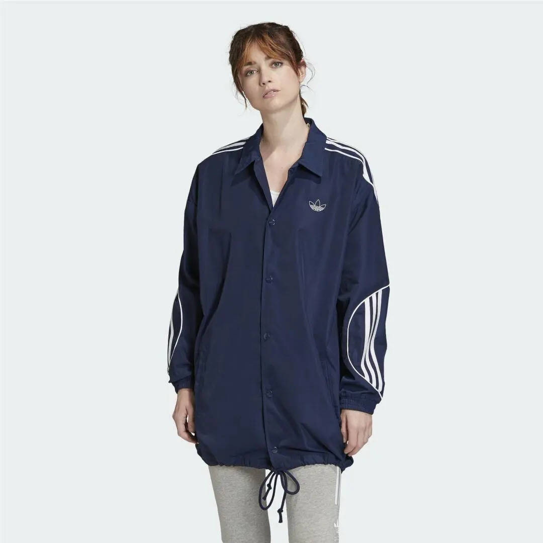 Adidas Womens Originals Coach Night Indigo Blue White Long Jacket Size M FM1951