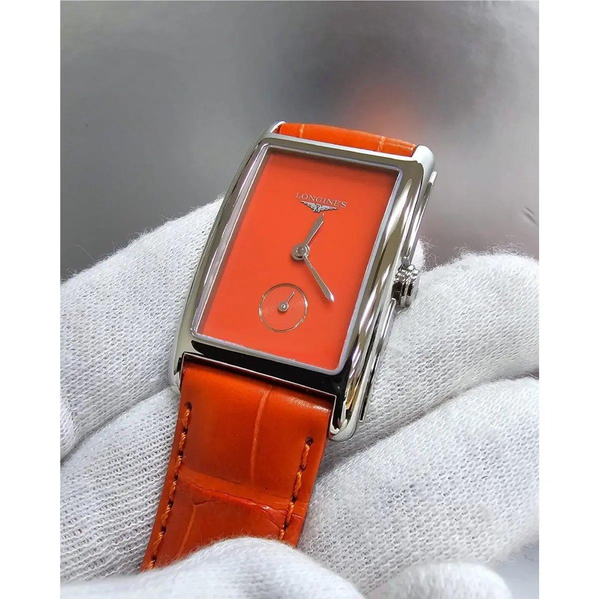 Longines Dolcevita 23.3 x 37 MM Leather Women`s Watch L55124922 / L5.512.4.92.2 - Dial: Orange, Band: Orange, Bezel: Silver