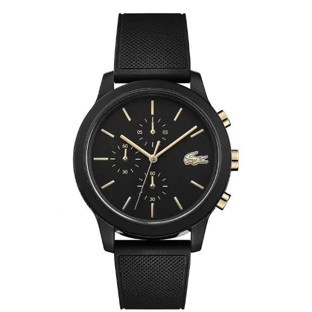 2011012 12.12 Black Chrongraph Dial Black Silicone Strap Mens Watch by Lacoste