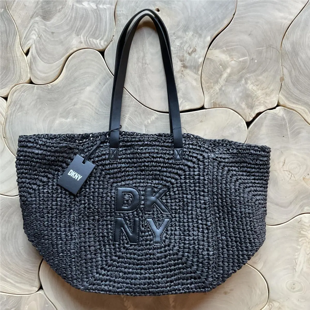 Dkny Black Paloma Woven Straw Tote Purse Handbag Lined W/ Inside Pockets