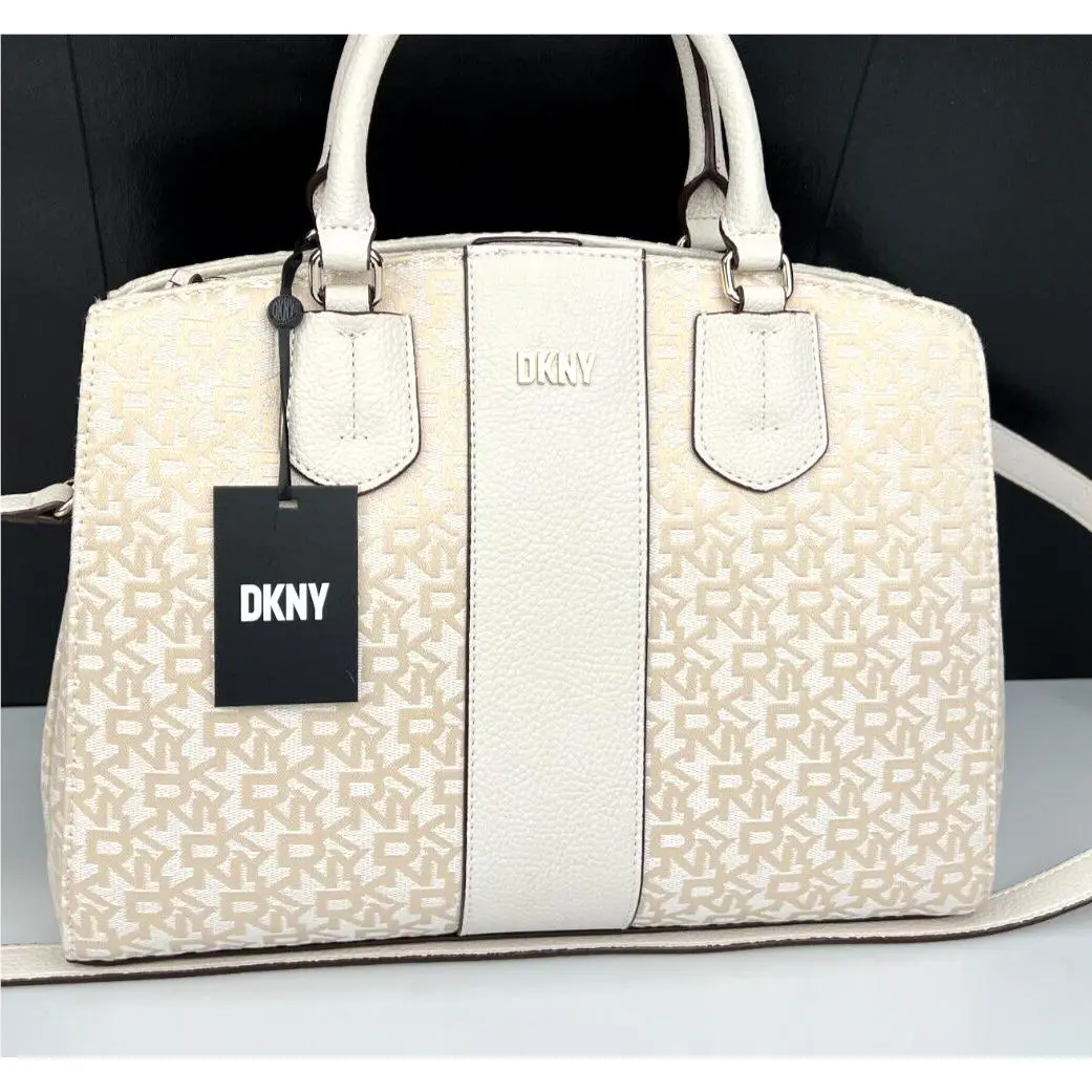 Dkny Noho Logo Large Triple Compart Satchel Handbag Ivory White W/beige