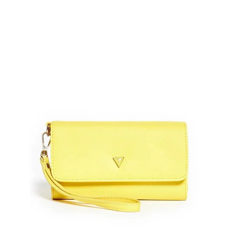 Guess Ashlyn Neon Yellow Saffiano Leatherette Smartphone Flap Wristlet Wallet