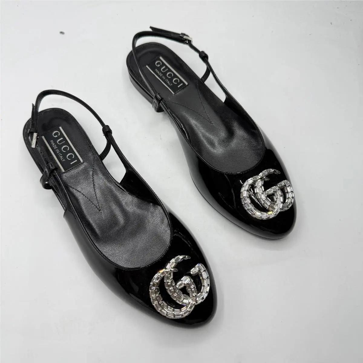 Gucci Double G Vernice Crystal Patent Slingback Ballerina Flat Black EU 36.5