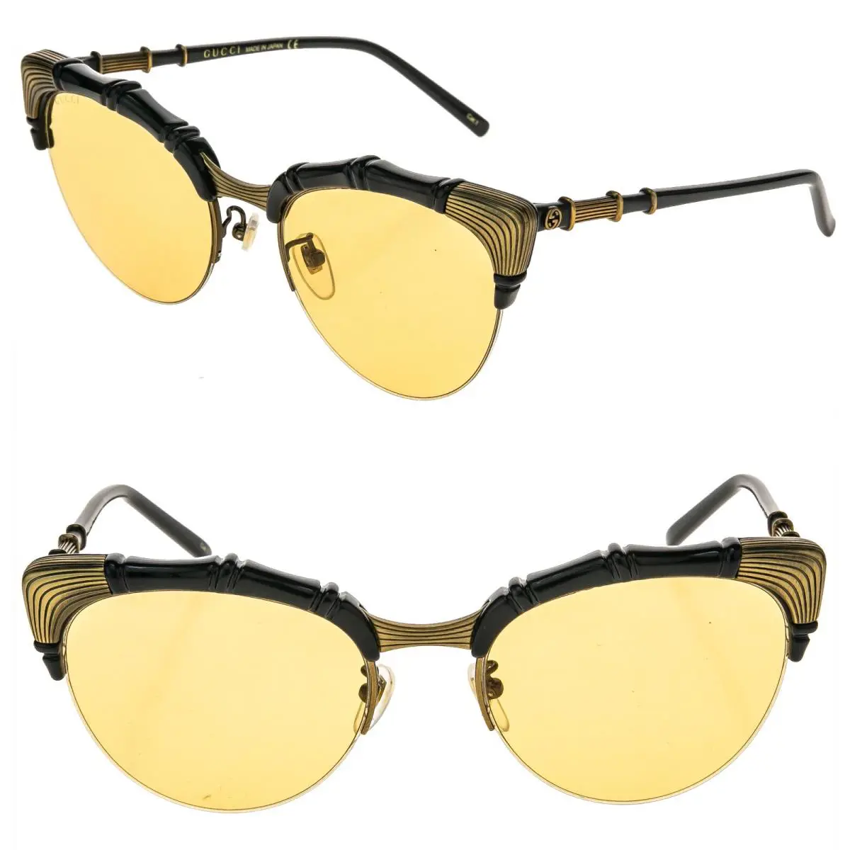Gucci GG0661S 0661 Cat Eye Bamboo Black Bronze Yellow 002 Sunglasses