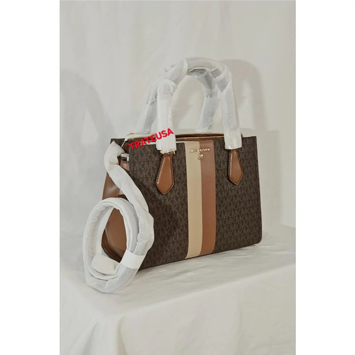 Michael Kors Marilyn Medium Logo Stripe Satchel Crossbody Brown Luggage