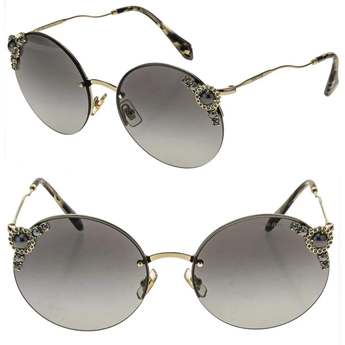 Miu Miu MU52TS Gold Crystal Jewel Pearl Gray Maniere 52T Round Rimless Sunglass