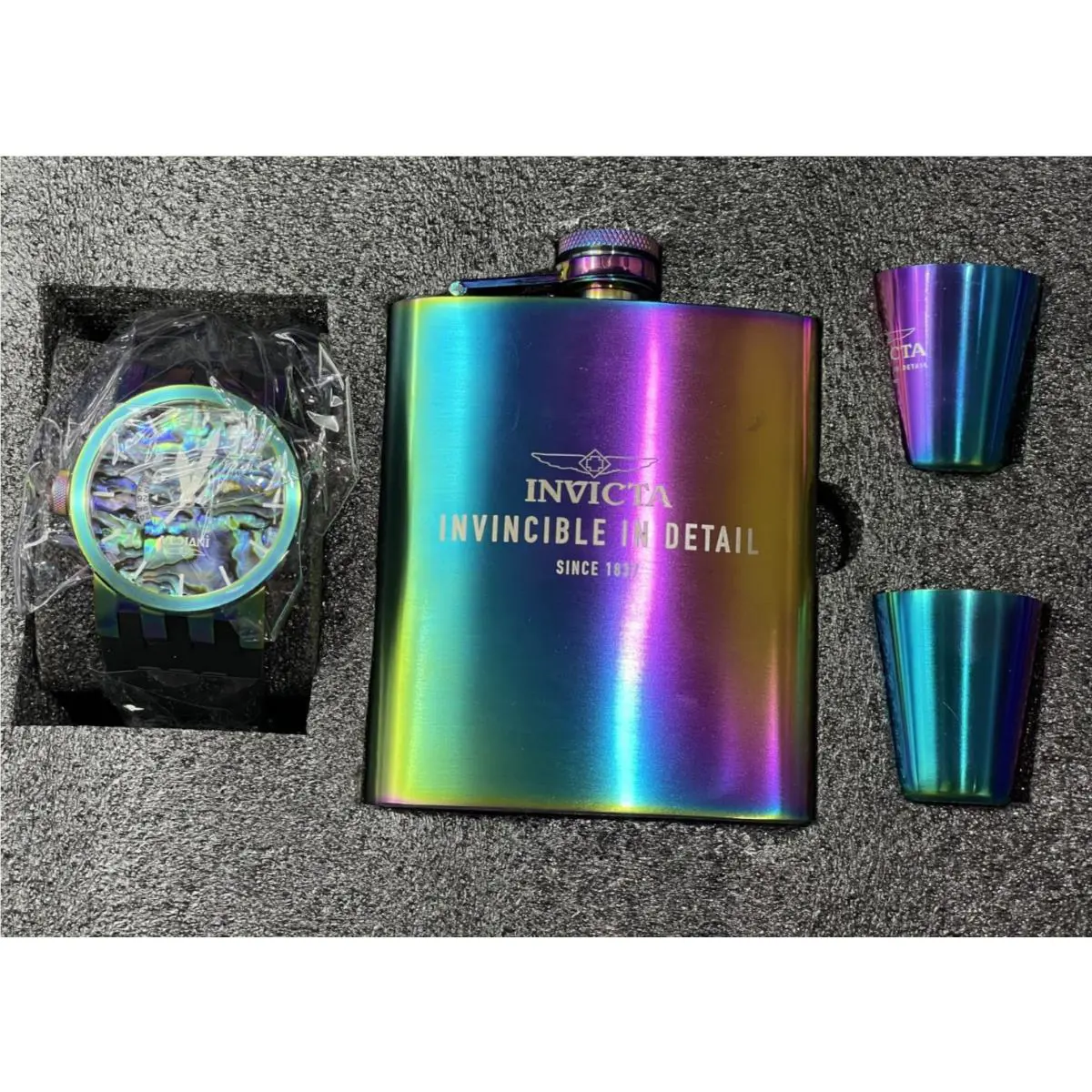 Limited Edition Iridescent / Oil Slick / Watch Flask Shot Glass Set by Invicta