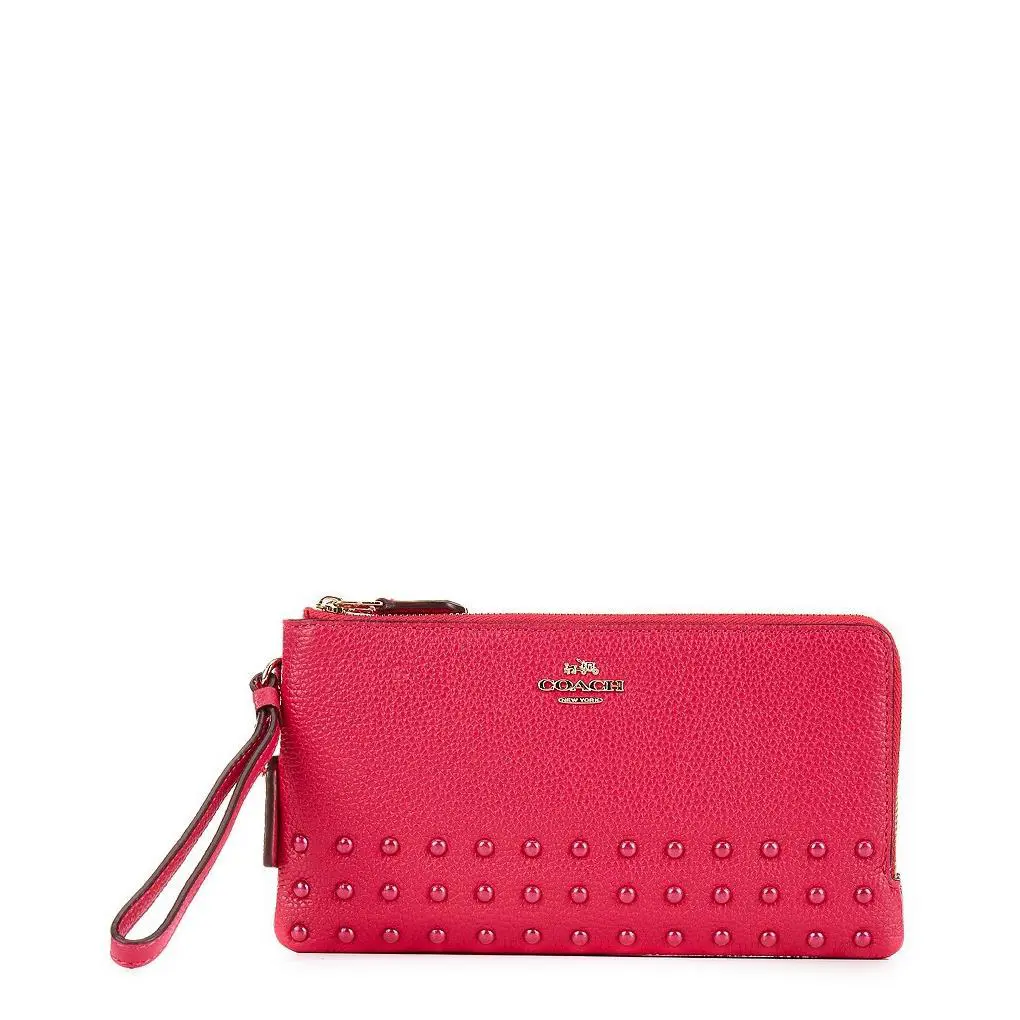 Coach Lacquer Rivets Double Zip Pebble Leather Wallet 54709 Lightgold/cerise - Light Gold/Cerise