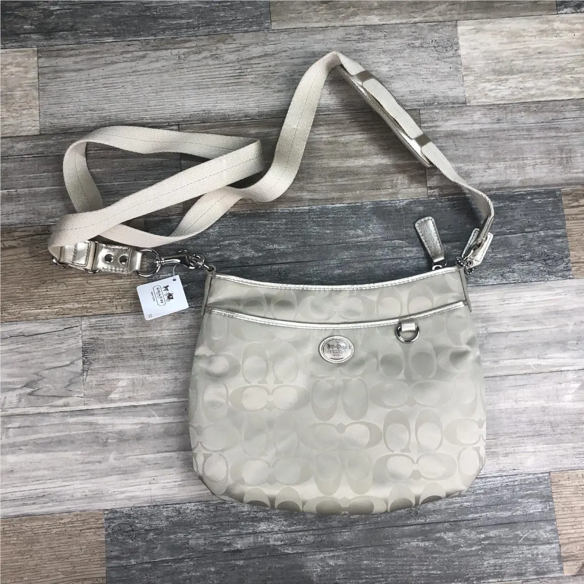 Coach Gold Khaki Bag in Signature Jacquard Shoulder Strap Zip