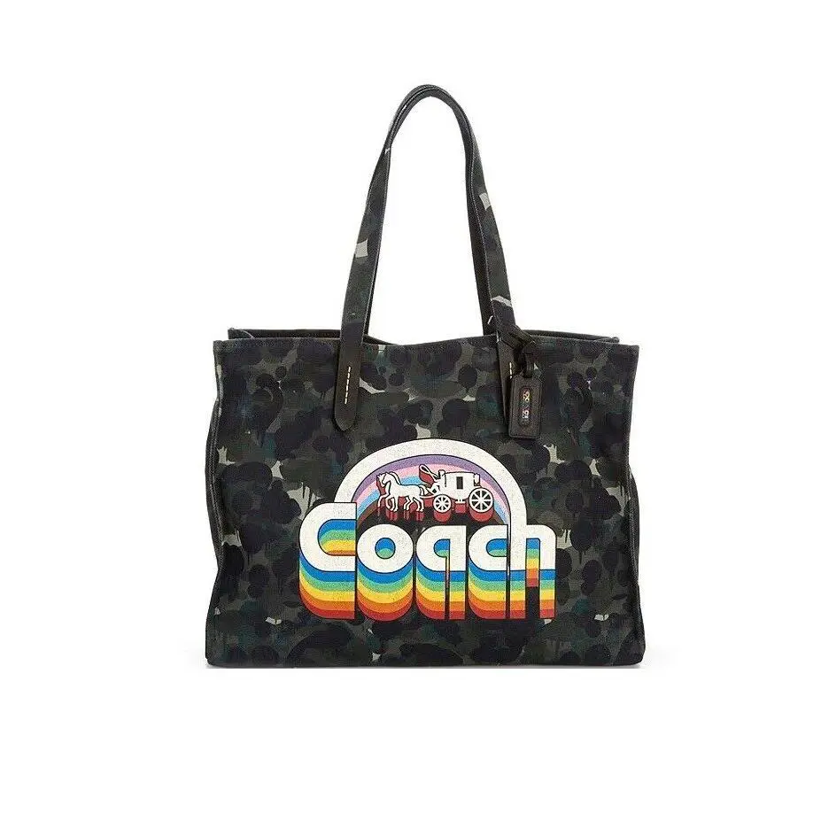 Field 42 Signature Logo Rainbow Camouflage Horse Carriage Canvas Tote Bag by Coach