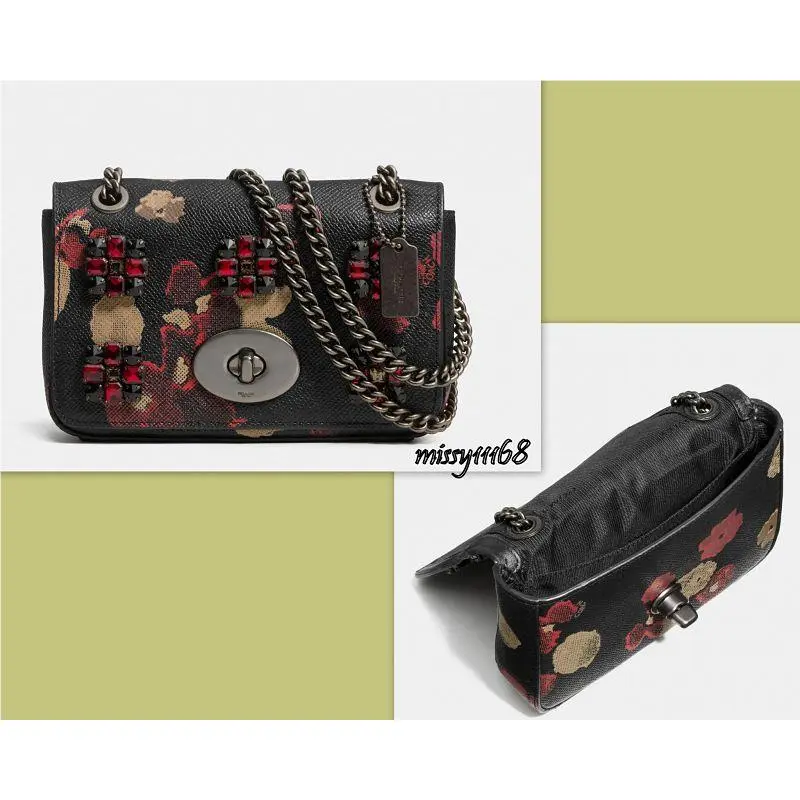 Coach Jewels Mini Chain Crossbody in Floral Print Leather 52473 Black Multi