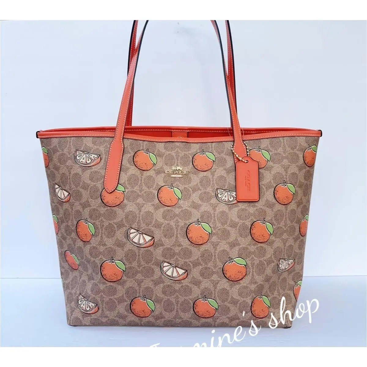 City Tote Bag In Signature Canvas with Orange Print CAL74 Gold/tan by Coach