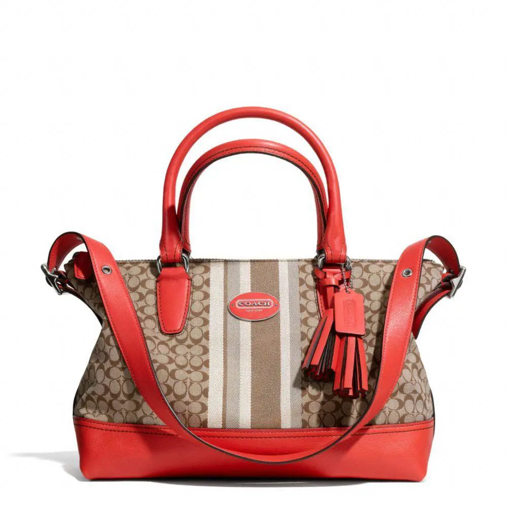 Coach Signature Stripe Eastwest Satchel Shoulder Bag 29622 Sv/khaki/carnelia - Exterior: Silver/Khaki/Carnelian