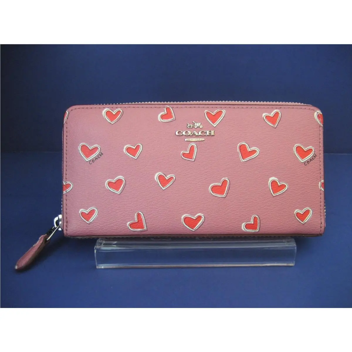 Coach Accordion Zip Wallet in Heart Print Coated Canvas 53885 Silver/pink