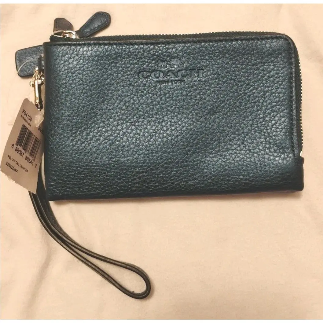 Leather Wristlet F64130 Clutch Purse Metallic Blue Peacock Silver Hardware by Coach