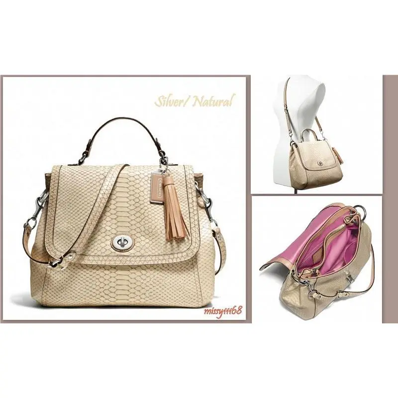 Coach Park Exotic Python Leather Flap Handbag 24392 Silver/natural